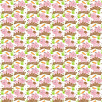 pink pigs, farm animals, cartoon style, cute characters, mud puddles, orange carrots, green grass, brown mud, white background,, fabric panel, playful design, children's fabric, repeating pattern, pastoral theme, adorable pigs, farm scene, whimsical art, cotton fabric