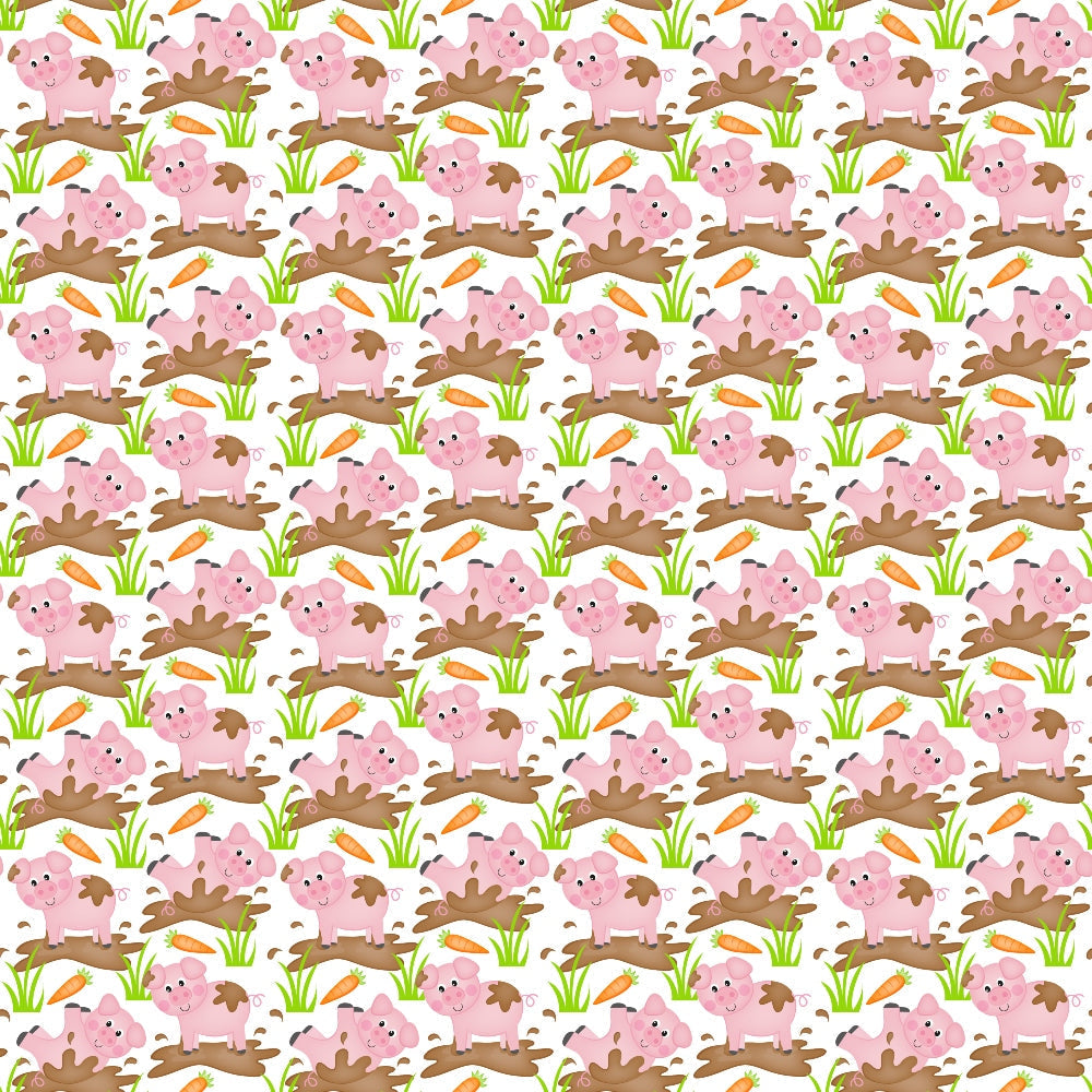 pink pigs, farm animals, cartoon style, cute characters, mud puddles, orange carrots, green grass, brown mud, white background,, fabric panel, playful design, children's fabric, repeating pattern, pastoral theme, adorable pigs, farm scene, whimsical art, cotton fabric