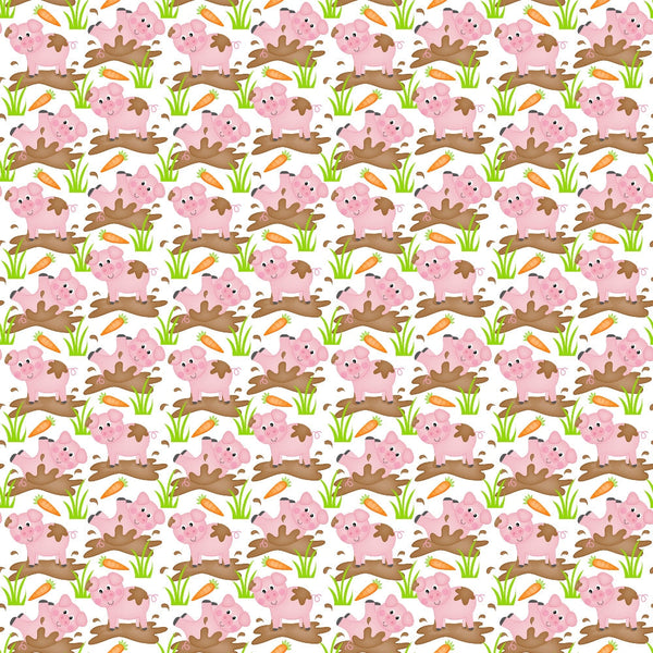 pink pigs, farm animals, cartoon style, cute characters, mud puddles, orange carrots, green grass, brown mud, white background,, fabric panel, playful design, children's fabric, repeating pattern, pastoral theme, adorable pigs, farm scene, whimsical art, cotton fabric