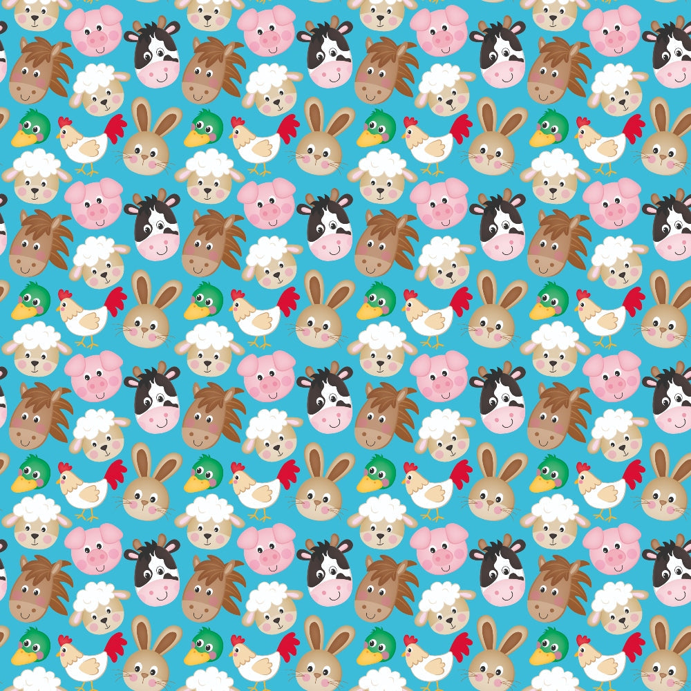 turquoise background, cartoon farm animals, cute animal faces, sheep, pig, cow, horse, duck, rooster, rabbit, repeating pattern,, fabric panel, kawaii style, cheerful design, pink pig, white sheep, brown horse, children's fabric, nursery theme