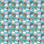 turquoise background, cartoon farm animals, cute animal faces, sheep, pig, cow, horse, duck, rooster, rabbit, repeating pattern,, fabric panel, kawaii style, cheerful design, pink pig, white sheep, brown horse, children's fabric, nursery theme