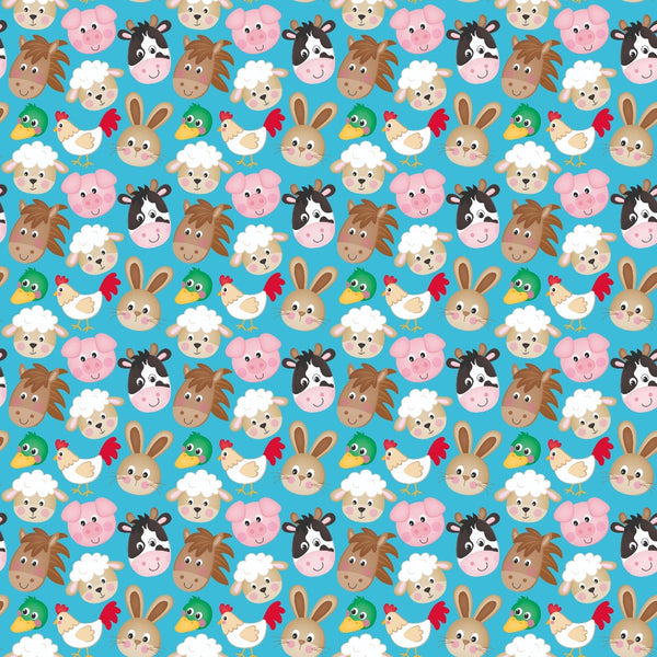 turquoise background, cartoon farm animals, cute animal faces, sheep, pig, cow, horse, duck, rooster, rabbit, repeating pattern,, fabric panel, kawaii style, cheerful design, pink pig, white sheep, brown horse, children's fabric, nursery theme