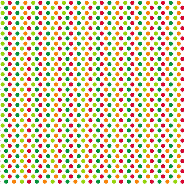 light green, red, dark green, orange, polka dots, circular pattern, geometric design, repeating pattern, bright colors, vibrant, cheerful,, fabric panel, cotton fabric, colorful dots, multi-colored, festive, playful pattern, craft fabric, sewing material