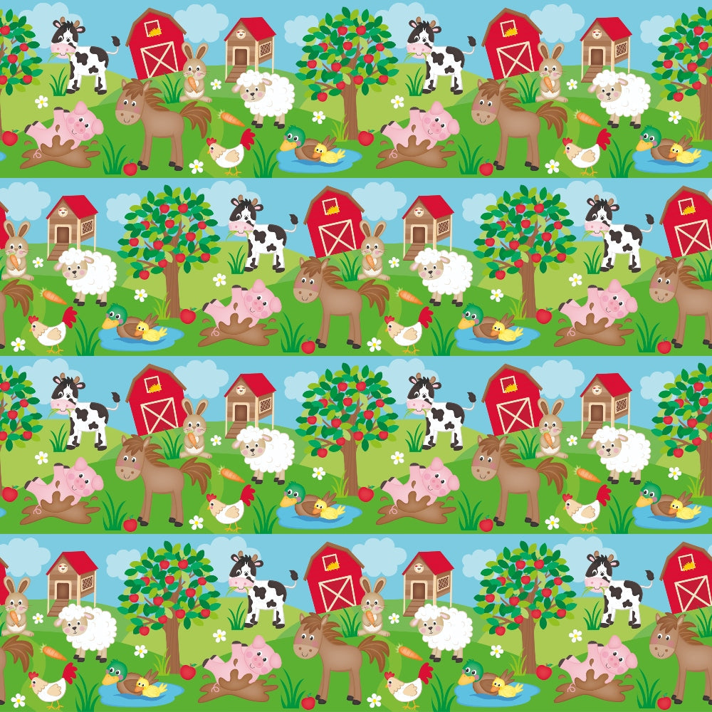 Pattern of farm scenes featuring a red barn, cow, pig, horse, duck, chicken, and a tree with apples on a green field under a blue sky with clouds.