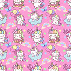 cute unicorns, kawaii style, pink background, pastel colors, rainbow patterns, cartoon characters, whimsical design, cotton fabric, quilting panel, magical theme, stars scattered, clouds motif, candy colors, repeating pattern, children's fabric, fantasy creatures, sweet expressions, nursery theme, craft material, sewing supply