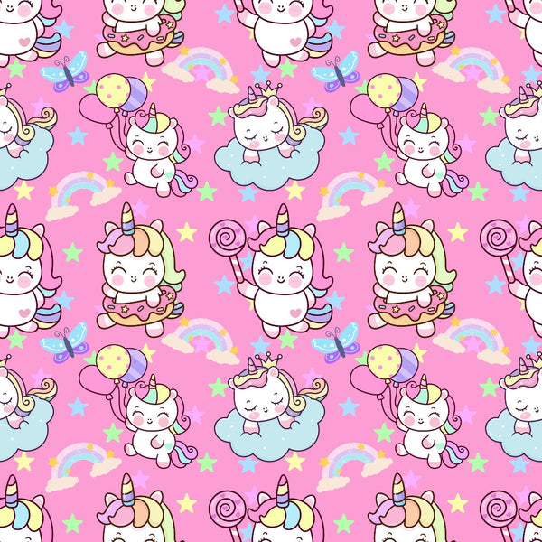 cute unicorns, kawaii style, pink background, pastel colors, rainbow patterns, cartoon characters, whimsical design, cotton fabric, quilting panel, magical theme, stars scattered, clouds motif, candy colors, repeating pattern, children's fabric, fantasy creatures, sweet expressions, nursery theme, craft material, sewing supply