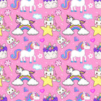 pink background, cartoon unicorns, rainbow colors, white unicorns, colorful manes, kawaii style, cute characters, stars, clouds, hearts, diamonds, lollipops, cupcakes, pastel colors, purple accents, blue details, yellow stars,, repeating pattern, whimsical design, magical theme