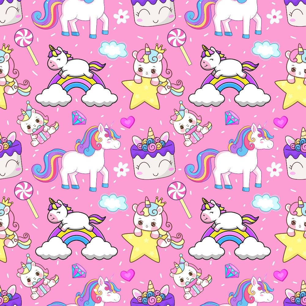 pink background, cartoon unicorns, rainbow colors, white unicorns, colorful manes, kawaii style, cute characters, stars, clouds, hearts, diamonds, lollipops, cupcakes, pastel colors, purple accents, blue details, yellow stars,, repeating pattern, whimsical design, magical theme