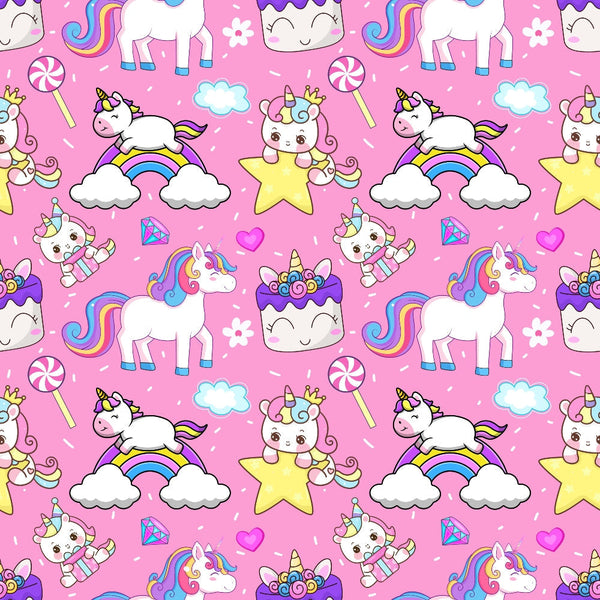 pink background, cartoon unicorns, rainbow colors, white unicorns, colorful manes, kawaii style, cute characters, stars, clouds, hearts, diamonds, lollipops, cupcakes, pastel colors, purple accents, blue details, yellow stars,, repeating pattern, whimsical design, magical theme