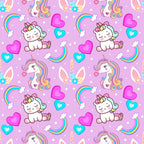 cartoon unicorns, baby unicorns, purple background, pink hearts, rainbow stripes, pastel colors, cute animals, kawaii style, whimsical pattern,, fabric panel, children's fabric, magical creatures, floral crowns, fantasy theme, playful design, nursery fabric, soft pastels, repeating pattern, craft fabric