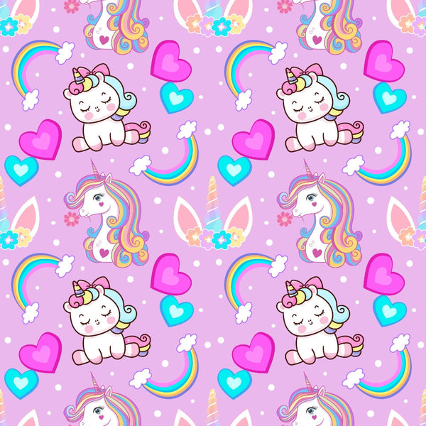 cartoon unicorns, baby unicorns, purple background, pink hearts, rainbow stripes, pastel colors, cute animals, kawaii style, whimsical pattern,, fabric panel, children's fabric, magical creatures, floral crowns, fantasy theme, playful design, nursery fabric, soft pastels, repeating pattern, craft fabric