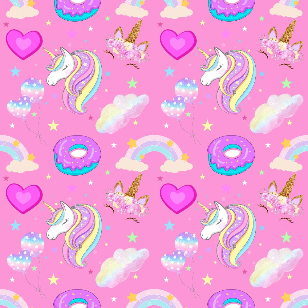 unicorns, pink background, rainbow colors, pastel colors, hearts, donuts, clouds, stars, kawaii style, cute cartoon, whimsical pattern,, fabric panel, magical theme, fantasy creatures, colorful manes, horn details, floral crowns, dreamy aesthetic, children's fabric