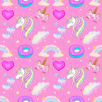 unicorns, pink background, rainbow colors, pastel colors, hearts, donuts, clouds, stars, kawaii style, cute cartoon, whimsical pattern,, fabric panel, magical theme, fantasy creatures, colorful manes, horn details, floral crowns, dreamy aesthetic, children's fabric