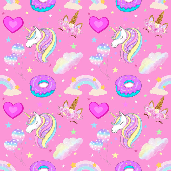 unicorns, pink background, rainbow colors, pastel colors, hearts, donuts, clouds, stars, kawaii style, cute cartoon, whimsical pattern,, fabric panel, magical theme, fantasy creatures, colorful manes, horn details, floral crowns, dreamy aesthetic, children's fabric