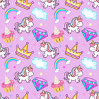 pink background, purple background, cartoon unicorns, white unicorns, rainbow manes, golden crowns, colorful diamonds, cupcakes, rainbows, fluffy clouds, stars, whimsical pattern, kawaii style, cute characters,, fabric panel, magical theme, fantasy motifs, children's fabric, pastel colors