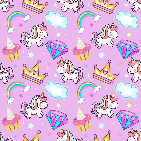 pink background, purple background, cartoon unicorns, white unicorns, rainbow manes, golden crowns, colorful diamonds, cupcakes, rainbows, fluffy clouds, stars, whimsical pattern, kawaii style, cute characters,, fabric panel, magical theme, fantasy motifs, children's fabric, pastel colors