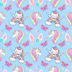 cartoon unicorns, kawaii style, pastel colors, light blue background, pink butterflies, rainbow manes, cute faces, magical creatures, whimsical design,, fabric panel, children's fabric, nursery theme, fantasy animals, colorful stars, cloud motifs, repeating pattern, playful mood, craft fabric, sewing material