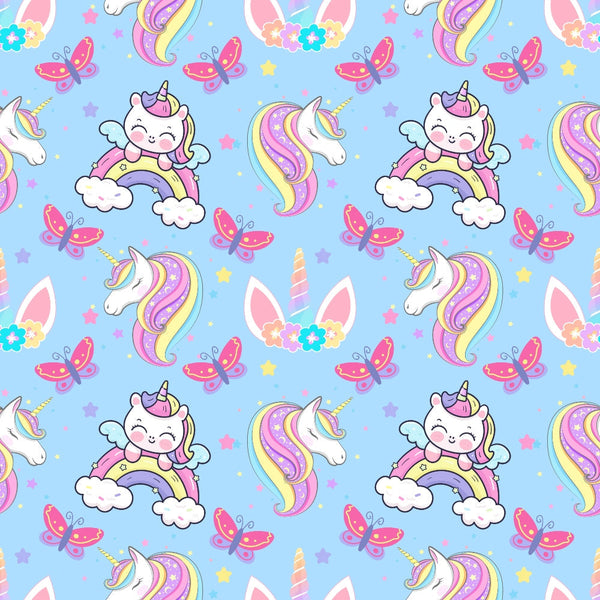 cartoon unicorns, kawaii style, pastel colors, light blue background, pink butterflies, rainbow manes, cute faces, magical creatures, whimsical design,, fabric panel, children's fabric, nursery theme, fantasy animals, colorful stars, cloud motifs, repeating pattern, playful mood, craft fabric, sewing material