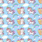 cartoon unicorns, kawaii style, pastel colors, light blue background, pink manes, rainbow stripes, white clouds, colorful rainbows, ice cream cones, yellow stars, cute characters, whimsical pattern,, fabric panel, children's theme, magical creatures, repeating design, soft pastels, nursery decor, fantasy motifs