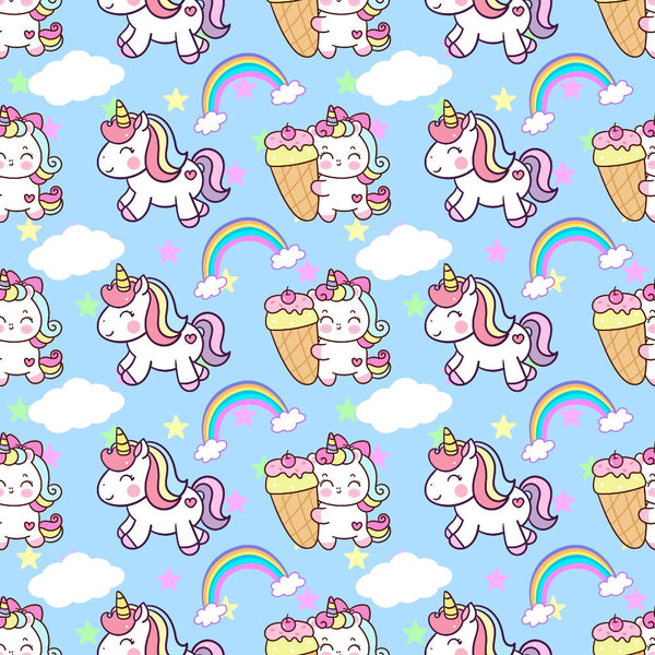 cartoon unicorns, kawaii style, pastel colors, light blue background, pink manes, rainbow stripes, white clouds, colorful rainbows, ice cream cones, yellow stars, cute characters, whimsical pattern,, fabric panel, children's theme, magical creatures, repeating design, soft pastels, nursery decor, fantasy motifs