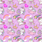 pink, purple, lavender, unicorns, cartoon style, kawaii, cute characters, hearts, rainbows, crowns, donuts, shooting stars, clouds, polka dots, whimsical, fantasy, magical creatures,, fabric panel, seamless pattern, children's motifs, pastel colors, repetitive design
