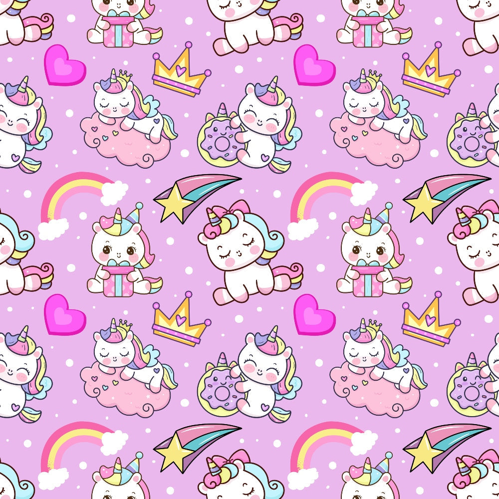 pink, purple, lavender, unicorns, cartoon style, kawaii, cute characters, hearts, rainbows, crowns, donuts, shooting stars, clouds, polka dots, whimsical, fantasy, magical creatures,, fabric panel, seamless pattern, children's motifs, pastel colors, repetitive design