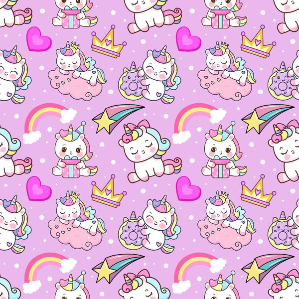 pink, purple, lavender, unicorns, cartoon style, kawaii, cute characters, hearts, rainbows, crowns, donuts, shooting stars, clouds, polka dots, whimsical, fantasy, magical creatures,, fabric panel, seamless pattern, children's motifs, pastel colors, repetitive design