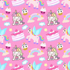 pink background, cartoon unicorns, baby unicorns, pastel colors, rainbow motifs, cupcakes, kawaii style, cute characters, white clouds, yellow stars,, repeating pattern, whimsical design, nursery theme, magical creatures, soft pastels, turquoise accents, layered cake, fairy tale motifs, children's fabric