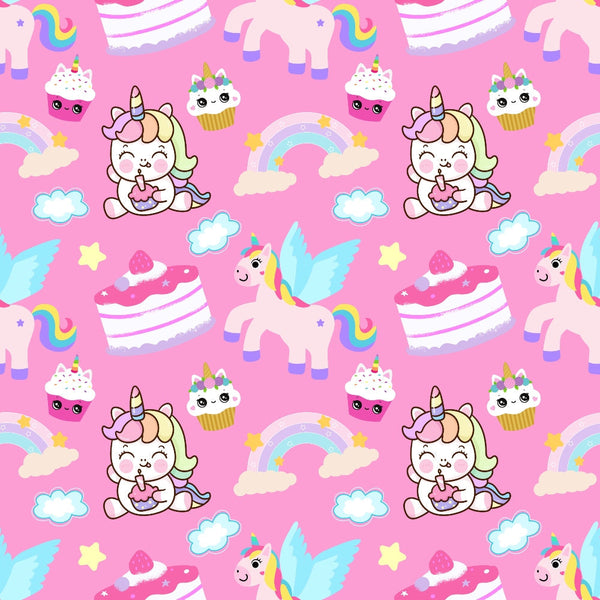 pink background, cartoon unicorns, baby unicorns, pastel colors, rainbow motifs, cupcakes, kawaii style, cute characters, white clouds, yellow stars,, repeating pattern, whimsical design, nursery theme, magical creatures, soft pastels, turquoise accents, layered cake, fairy tale motifs, children's fabric