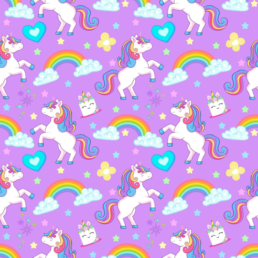 Pastel Pony Dreams Pattern 9 white unicorns with rainbow manes, rainbows, clouds, stars and hearts on lavender fleece fabric
