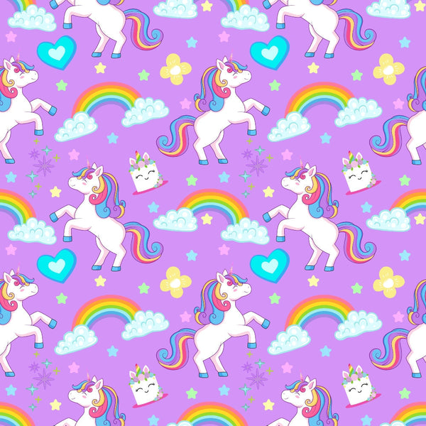 Pastel Pony Dreams Pattern 9 white unicorns with rainbow manes, rainbows, clouds, stars and hearts on lavender fleece fabric