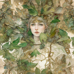 fairy, celtic, forest nymph, botanical, leaf pattern, sage green, moss green, cream, beige, fantasy character, ethereal, nature goddess,, fabric panel, woodland theme, mystical, flowing hair, ornate jewelry, celtic knots, art nouveau style, earth tones, whimsical, enchanted forest