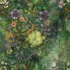forest green, sage green, purple flowers, orange blooms, yellow blossoms, botanical pattern, nature motif, floral design, leaves and vines, whimsical illustration, fairy tale theme, celtic style,, fabric panel, enchanted garden, woodland scene, delicate florals, organic shapes, mystical atmosphere, earthy tones