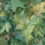 sage green, forest green, yellow green, botanical leaves, maple leaves, oak leaves, nature pattern, organic design, layered foliage, autumn leaves,, fabric panel, earthy tones, botanical illustration, overlapping leaves, natural elements, green palette, leaf motifs, cotton fabric