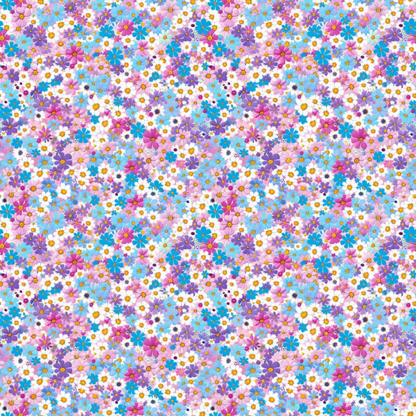floral pattern, daisy flowers, purple flowers, blue flowers, pink flowers, white flowers, orange centers, colorful blooms, small scale print, ditsy floral, spring flowers, cheerful design,, fabric panel, bright colors, scattered flowers, feminine pattern, craft fabric, sewing material, flower power