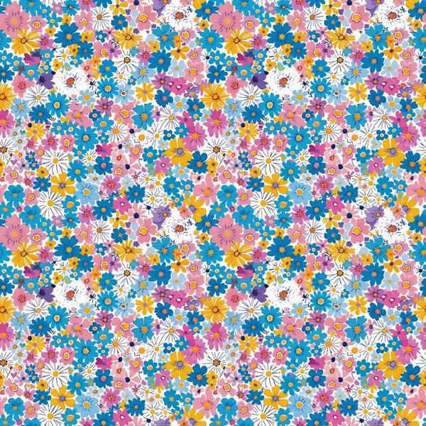 floral pattern, ditsy flowers, bright colors, pink flowers, blue flowers, yellow flowers, white daisies, purple blooms, small scale florals, cheerful mood, spring flowers,, fabric panel, retro style, dense pattern, multicolor design, vintage inspired, crafting fabric