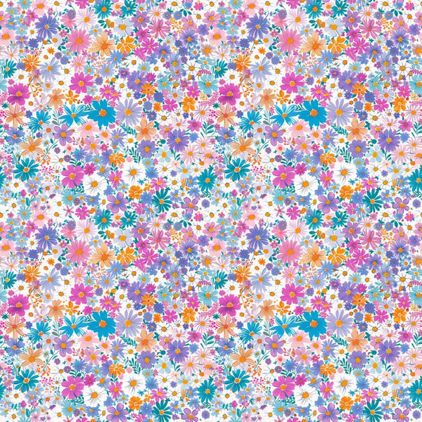 floral pattern, bright colors, pink flowers, purple blooms, orange blossoms, teal flowers, white daisies, small florals, ditsy print, cheerful design, spring motif, vibrant palette,, fabric panel, scattered flowers, multicolor blooms, botanical design, happy mood, craft fabric, sewing material