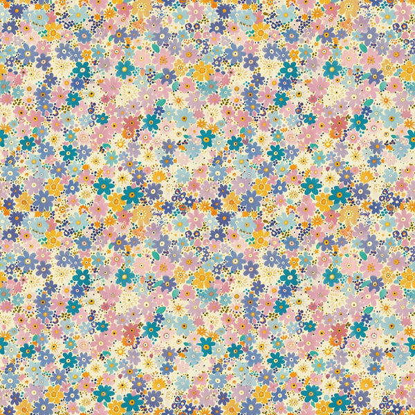 floral pattern, small flowers, ditsy print, multicolored blooms, pink flowers, blue flowers, yellow flowers, teal flowers, orange flowers, white background, scattered florals, tiny blossoms,, fabric panel, cheerful pattern, spring flowers, dense floral design, colorful petals, craft fabric, sewing material