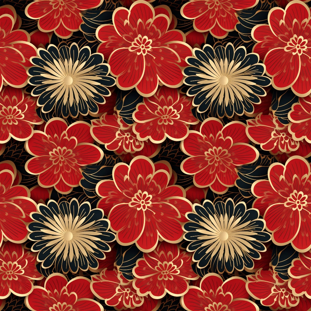 red flowers, black flowers, gold accents, cream centers, floral pattern, asian inspired, ornate blooms, repeating motif,, fabric panel, chinese style, decorative flowers, lunar themed, rich red, deep black, elegant design, oriental florals, festive colors