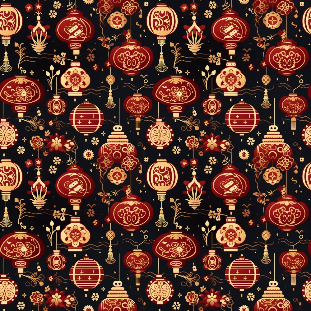 red lanterns, gold accents, black background, chinese lanterns, floral motifs, decorative patterns, lunar celebration, festive design,, fabric panel, asian inspired, ornamental details, crimson red, golden yellow, repeating pattern, cultural motifs, celebration theme, intricate designs, textile art, crafting material