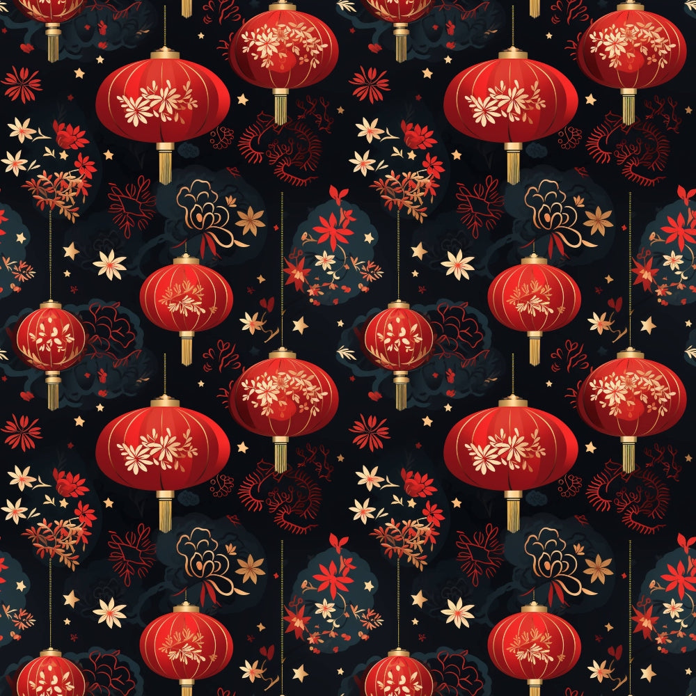 red lanterns, gold tassels, floral motifs, dark navy background, chinese new year, festive pattern,, fabric panel, ornate decorations, golden stars, botanical elements, repeating design, celebratory theme, crimson red, warm gold, decorative lanterns, asian inspired, lunar celebration, intricate details, seamless pattern
