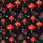 red lanterns, gold tassels, floral motifs, dark navy background, chinese new year, festive pattern,, fabric panel, ornate decorations, golden stars, botanical elements, repeating design, celebratory theme, crimson red, warm gold, decorative lanterns, asian inspired, lunar celebration, intricate details, seamless pattern