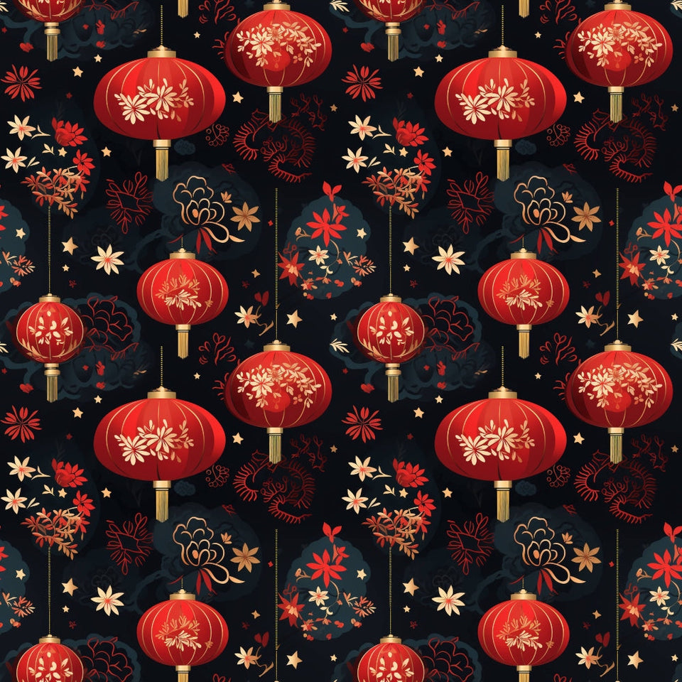 red lanterns, gold tassels, floral motifs, dark navy background, chinese new year, festive pattern,, fabric panel, ornate decorations, golden stars, botanical elements, repeating design, celebratory theme, crimson red, warm gold, decorative lanterns, asian inspired, lunar celebration, intricate details, seamless pattern