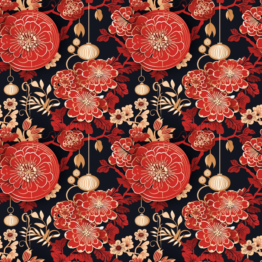 red flowers, gold lanterns, black background, floral pattern, chinese motifs,, fabric panel, ornamental design, asian inspired, burgundy blooms, hanging lanterns, decorative spheres, botanical elements, crimson petals, golden accents, repeating pattern, lunar theme, oriental style, festive design, coral tones
