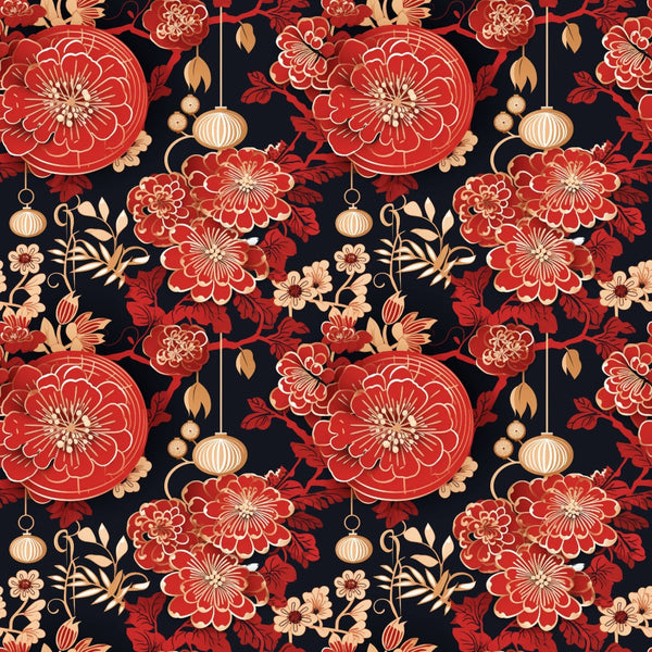 red flowers, gold lanterns, black background, floral pattern, chinese motifs,, fabric panel, ornamental design, asian inspired, burgundy blooms, hanging lanterns, decorative spheres, botanical elements, crimson petals, golden accents, repeating pattern, lunar theme, oriental style, festive design, coral tones