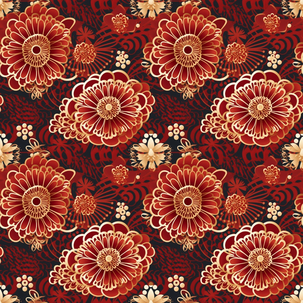 burgundy, crimson, gold, cream, black, floral pattern, chrysanthemum flowers, botanical design, asian inspired, ornate blooms, decorative motifs,, fabric panel, rich colors, elegant florals, repeating pattern, textile design, sophisticated palette, oriental style, luxurious appearance
