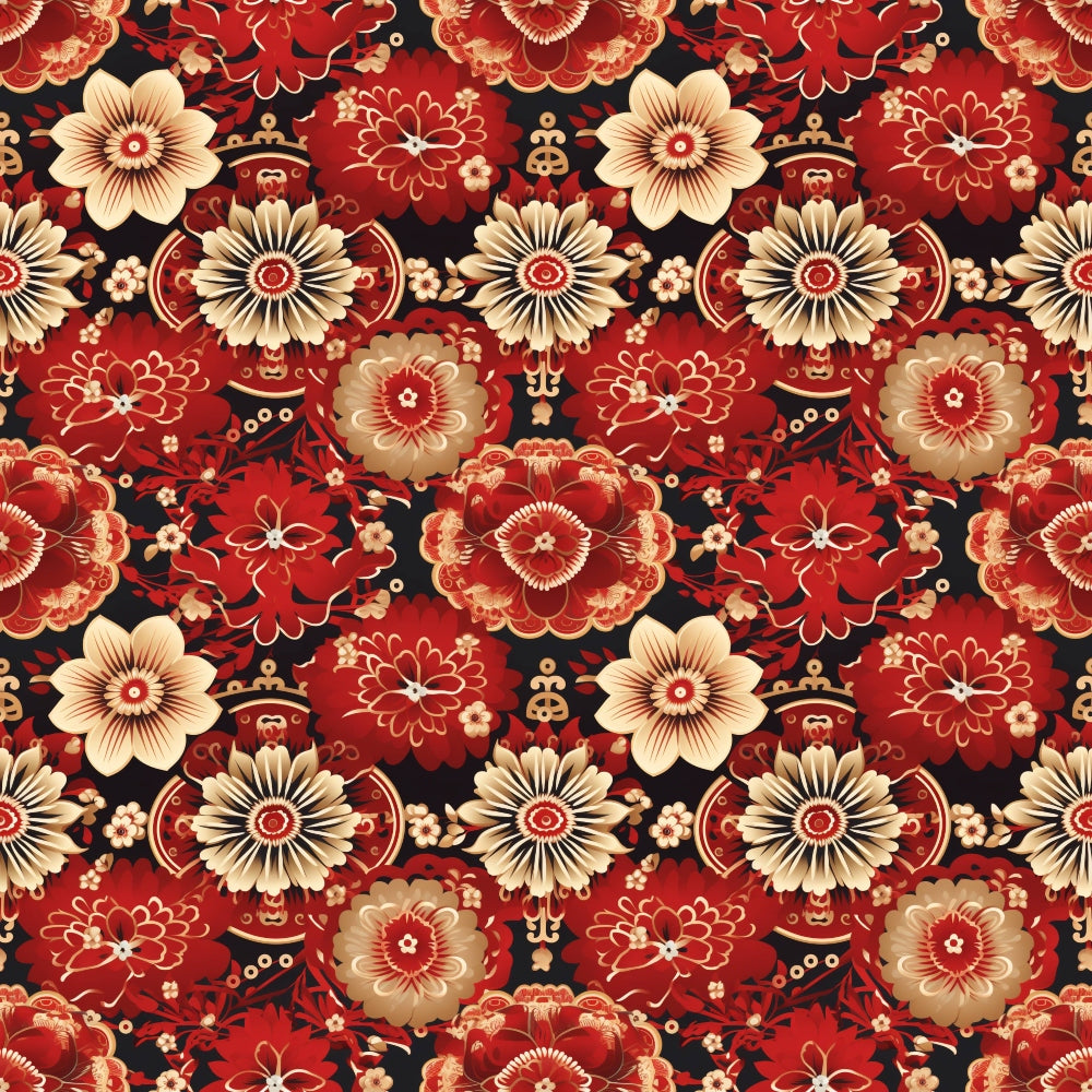 red fabric, black background, cream flowers, burgundy blooms, floral pattern, ornate blossoms, decorative motifs, asian inspired, repeating design,, fabric panel, botanical elements, intricate details, warm tones, rich colors, stylized flowers, oriental style, crafting material, sewing fabric
