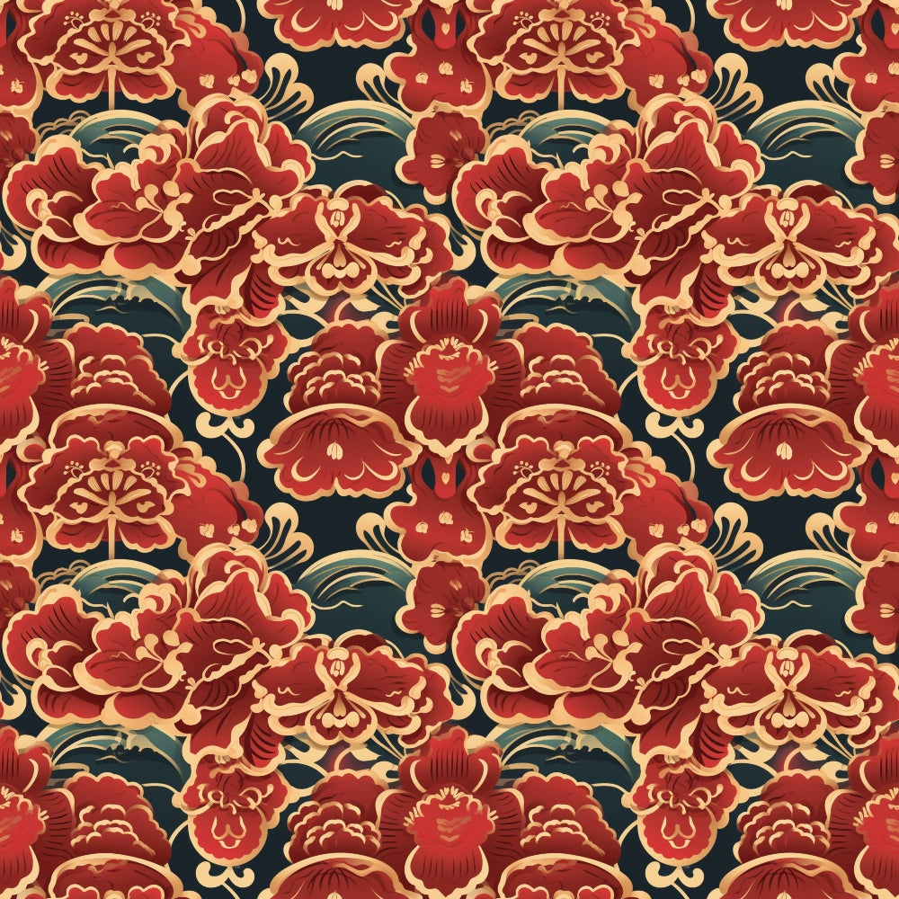 chinese lanterns, red florals, gold accents, navy background, oriental flowers, peonies, decorative motifs, asian inspired, lunar patterns,, fabric panel, ornate designs, burgundy tones, cream details, festive motifs, intricate florals, cultural patterns, decorative elements, rich colors