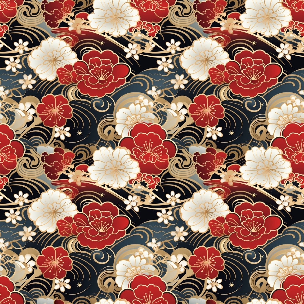 red, gold, black, white, floral pattern, peonies, cherry blossoms, swirling clouds, waves, japanese style, asian motif, ornate flowers,, fabric panel, elegant design, festive colors, botanical elements, flowing lines, decorative swirls