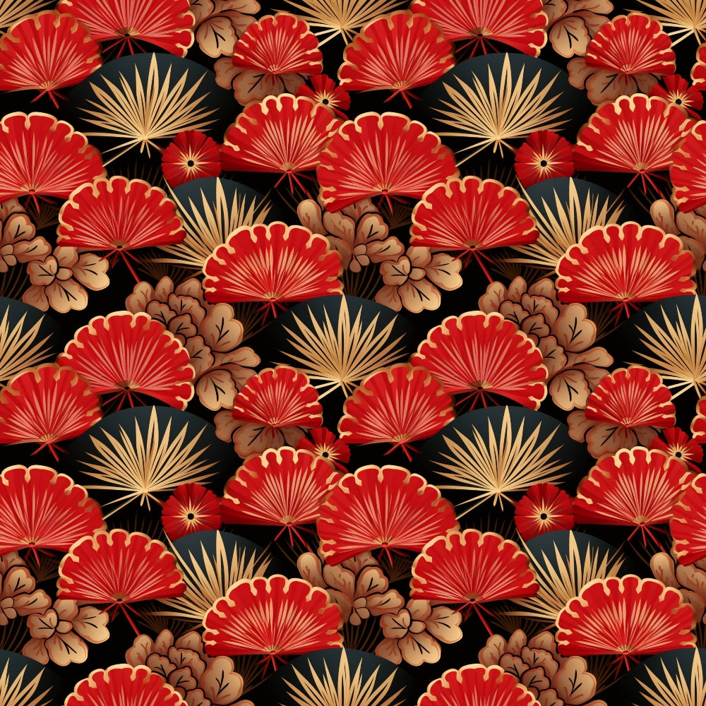 red fans, gold accents, black background, oriental pattern, decorative fans, brown flowers, palm fronds, tropical leaves, asian motifs, repeating design,, fabric panel, festive colors, ornate details, floral elements, cultural design, warm tones, intricate pattern, botanical accents